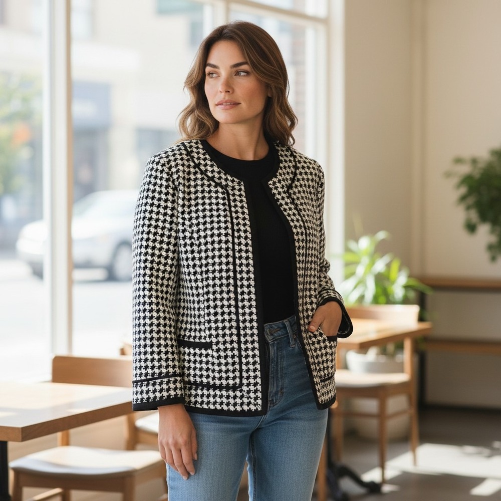 Y2K Classic Tahari Arthur S Levine Houndstooth Blazer Black White Jacket Size 12